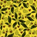 Yummy seamless pattern with avocado, leaf and brown hearts.